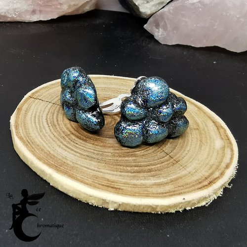 Boucles d'oreilles clips nuage - collection "miss météo" - bijou artisanal à paillettes bleues turquoises holographique