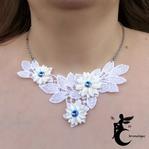 Collier dentelle et marguerite - bijou de mariage - collier de cérémonie fleuri blanc réglable