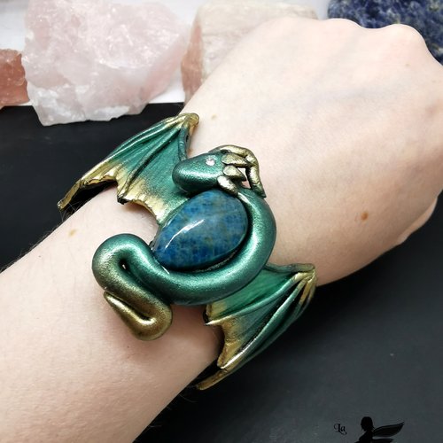 Bracelet manchette dragon - bijou unique et fantastique en pâte polymère et apatite