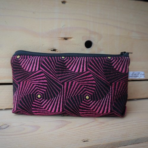 Pochette textile zip 20 cm motifs rosaces graphique noir et fuchsia/prune/violet