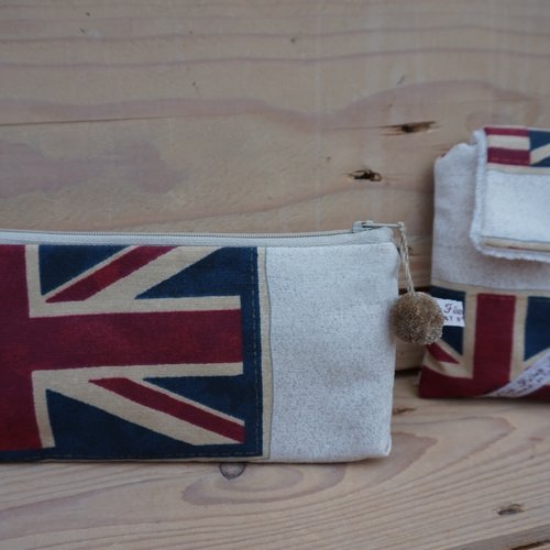 Lot 2 pochettes textile zip 20 cm + velcro, motif drapeau anglais.