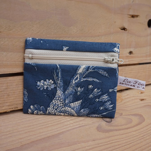 Porte-monnaie plat zip 10cm textile motifs japonisants fleurs tons bleu/blanc
