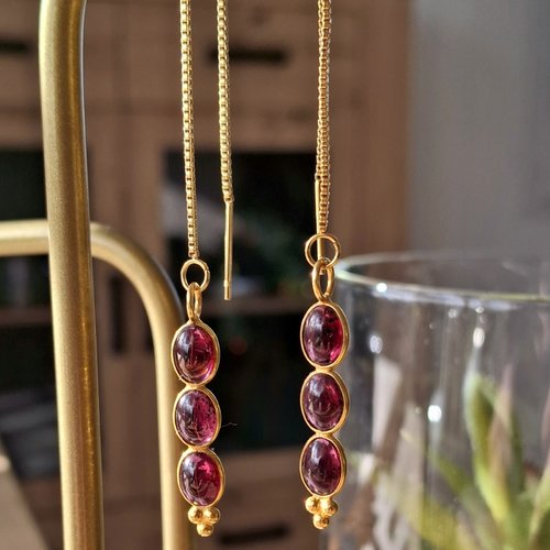 Rocks chaines d'oreilles 3 pierres acier inoxydable doré à l'or fin et grenat