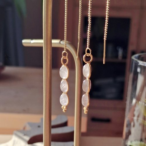Rocks chaines d'oreilles 3 pierres acier inoxydable doré à l'or fin et quartz rose