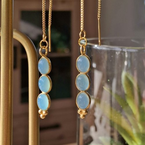 Rocks chaines d'oreilles 3 pierres acier inoxydable doré à l'or fin et calcédoine aqua