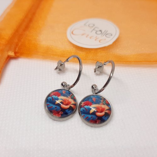 Boucles d'oreilles type créoles cabochon verre motif fleurs et feuilles de monstera