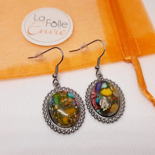 Boucles d'oreilles pendantes cabochon pierre jaspe