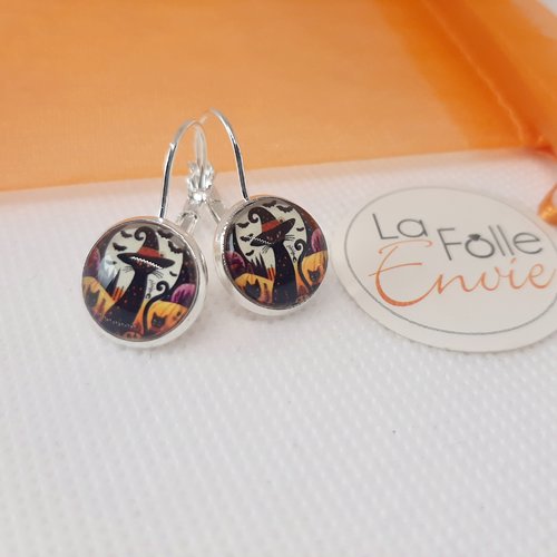 Boucles d'oreilles dormeuses argent cabochon verre motif chat sorcier
