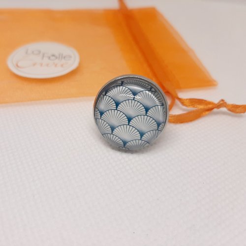 Bague ajustable cabochon en verre motif éventails japonais turquoises