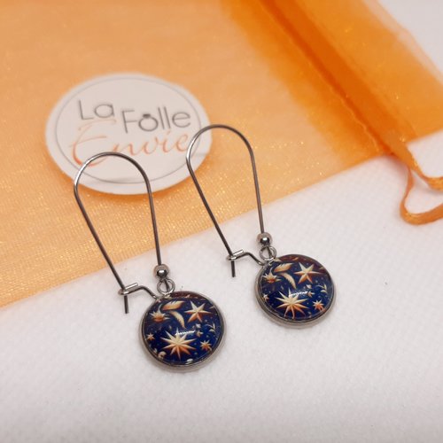 Boucles d'oreilles pendantes cabochon verre motif étoiles esprit noël