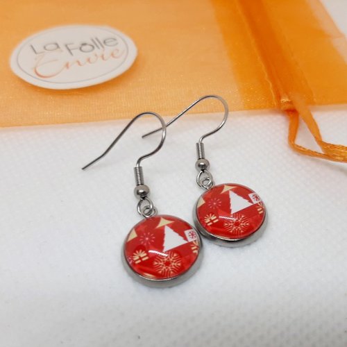Boucles d'oreilles pendantes cabochon verre motif esprit noël rouge