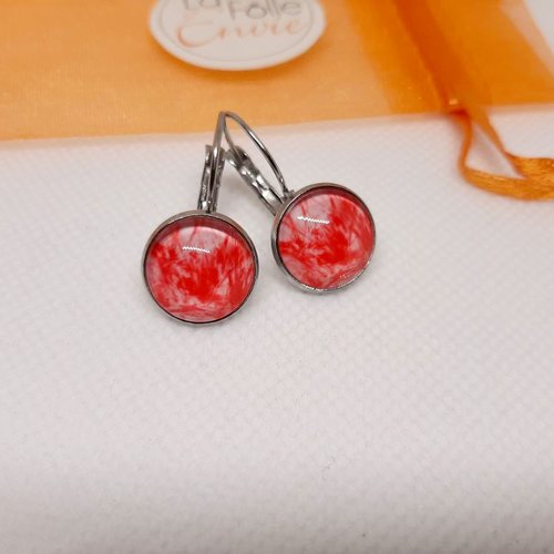 Boucles d'oreilles dormeuses  cabochon verre motif abstrait rouge