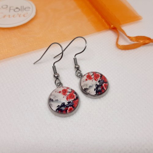 Boucles d'oreilles pendantes cabochon verre motif art japonais