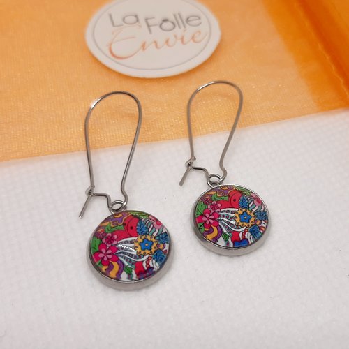 Boucles d'oreilles pendantes cabochon verre motif psychédélique coloré