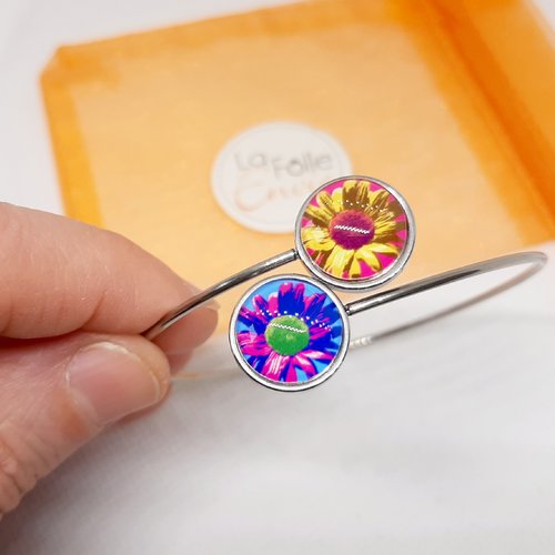Bracelet double cabochon verre motif fleur esprit warhol