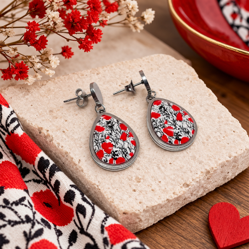 Boucles d'oreilles goutte d'eau pendantes cabochon verre motif coquelicots