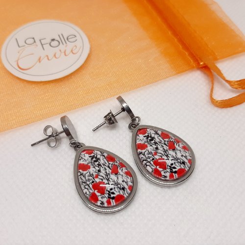 Boucles d'oreilles goutte d'eau pendantes cabochon verre motif coquelicots