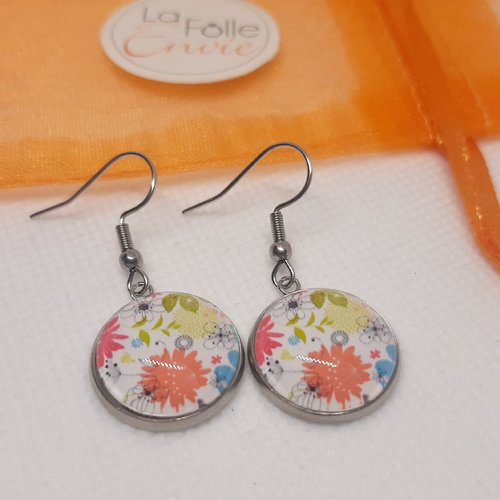 Boucles d'oreilles pendantes cabochon verre motif dessin de fleurs