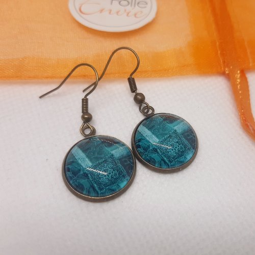 Boucles d'oreilles bronze pendantes cabochon verre motif vintage turquoise