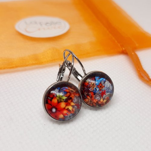 Boucles d'oreilles dormeuses cabochon verre motif fleuri coloré