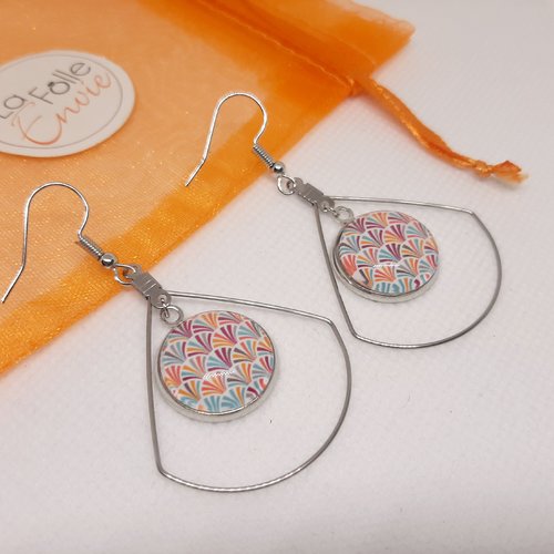Boucles d'oreilles pendantes cabochon verre motif éventails colorés
