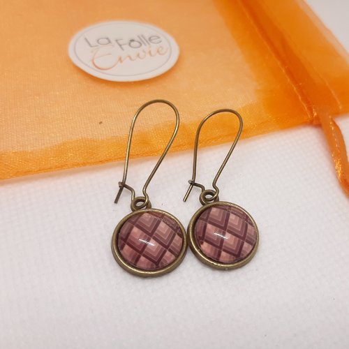 Boucles d'oreilles bronze pendantes cabochon verre motif losanges art déco