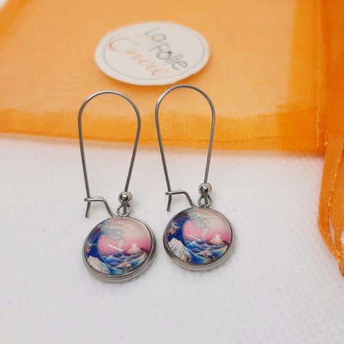 Boucles d'oreilles pendantes cabochon verre motif art japonais esprit vague hokusai