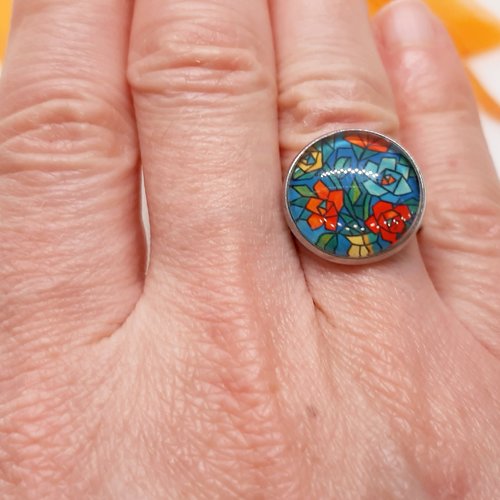 Bague ajustable cabochon en verre motif fleur esprit picasso