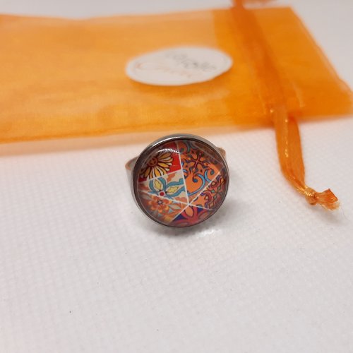 Bague ajustable cabochon en verre motif esprit mosaïque patchwork orangé