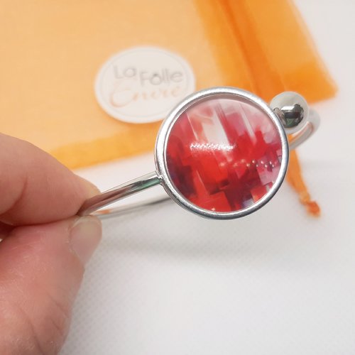 Bracelet acier inoxydable et cabochon verre motif abstrait rouge et blanc