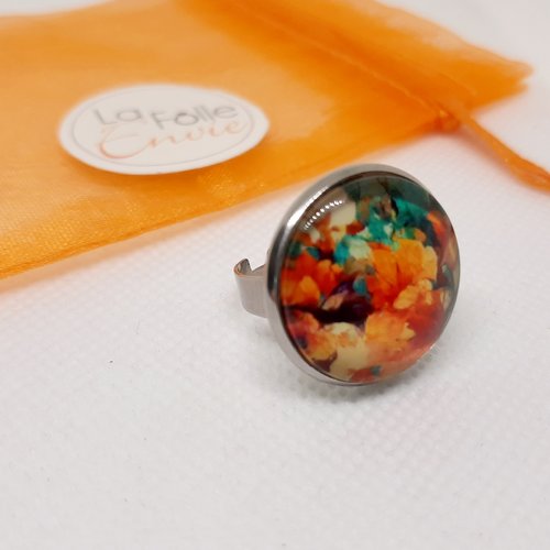 Bague ajustable cabochon en verre motif feuillage coloré