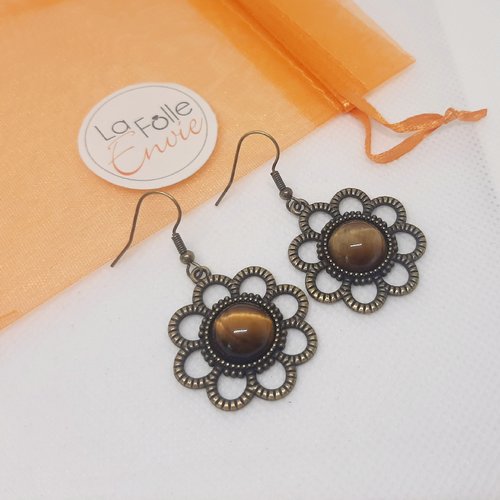 Boucles d'oreilles bronze pendantes fleur cabochon pierre oeil de tigre