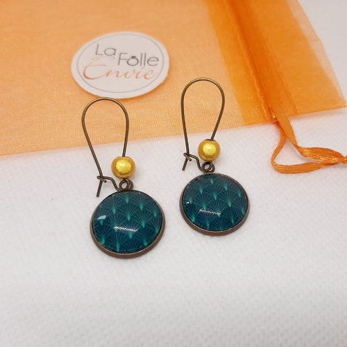 Boucles d'oreilles bronze pendantes cabochon verre motif  art déco