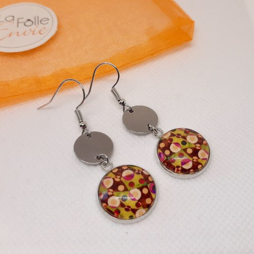 Boucles d'oreilles pendantes breloque cabochon verre motif circulaire vintage