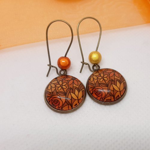 Boucles d'oreilles bronze pendantes cabochon verre motif  fleurs esprit van gogh brun orangé