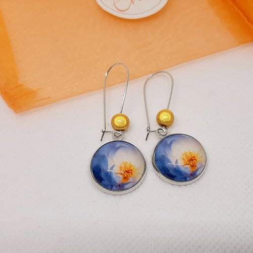 Boucles d'oreilles pendantes cabochon verre motif cœur de fleur