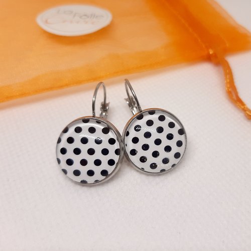 Boucles d'oreilles dormeuses cabochon verre motif pois noirs