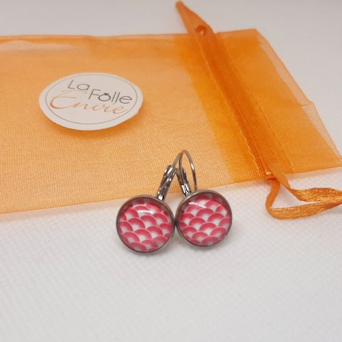 Boucles d'oreilles dormeuses cabochon verre esprit motif japonais seigaiha rose