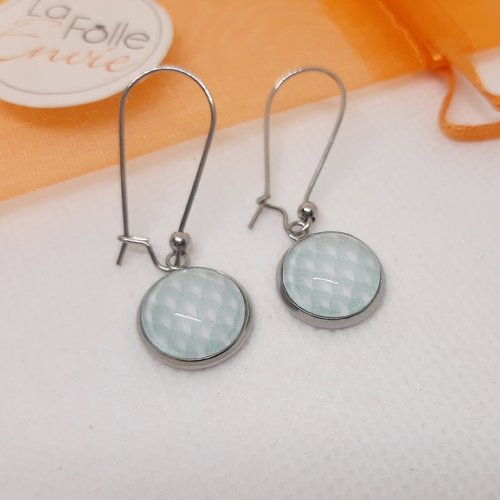 Boucles d'oreilles pendantes cabochon verre motif art déco vert d'eau
