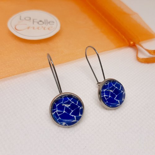 Boucles d'oreilles pendantes cabochon verre motif esprit mosaïque bleu marine