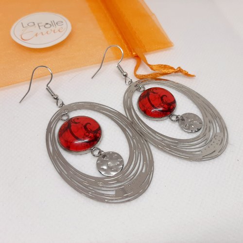 Boucles d'oreilles pendantes breloque cabochon verre motif abstrait rouge et noir