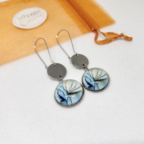 Boucles d'oreilles pendantes breloque cabochon verre motif dessin de fleur