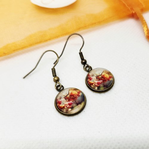 Boucles d'oreilles bronze pendantes cabochon verre motif automne
