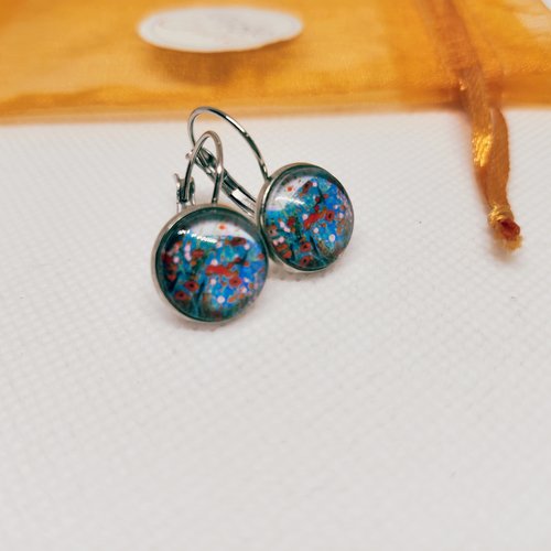 Boucles d'oreilles dormeuses cabochon verre motif peinture de fleurs