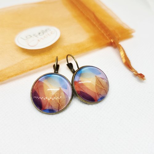 Boucles d'oreilles dormeuses cabochon verre  motif feuilles automne