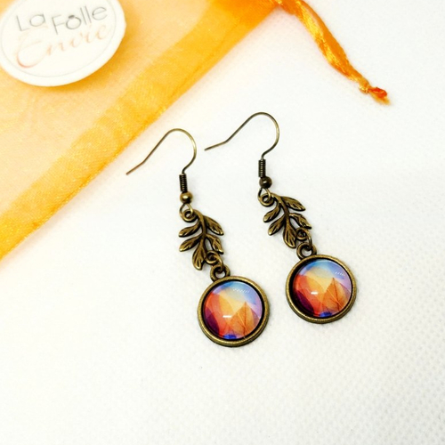 Boucles d'oreilles pendantes avec breloque cabochon verre  motif feuilles automne