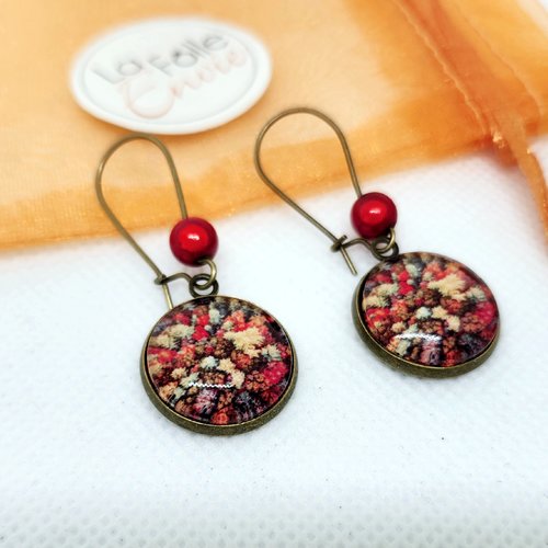 Boucles d'oreilles bronze pendantes cabochon verre motif canopé d'automne