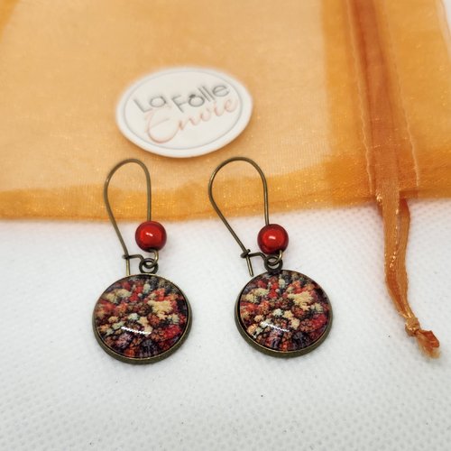 Boucles d'oreilles bronze pendantes cabochon verre motif canopé d'automne