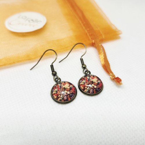 Boucles d'oreilles bronze pendantes cabochon verre motif canopé d'automne