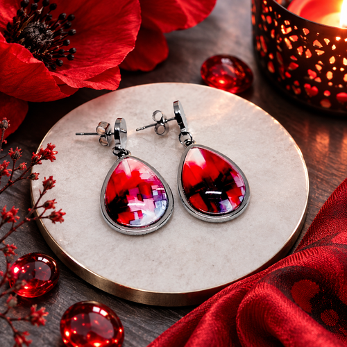 Boucles d'oreilles goutte d'eau pendantes dépareillées cabochon verre motif art abstrait rouge